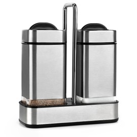 Salt and Pepper Shakers Set with Holder-Stainless Steel Salt Shaker with Adjustable Pour Holes-Set of 2 by Aelga