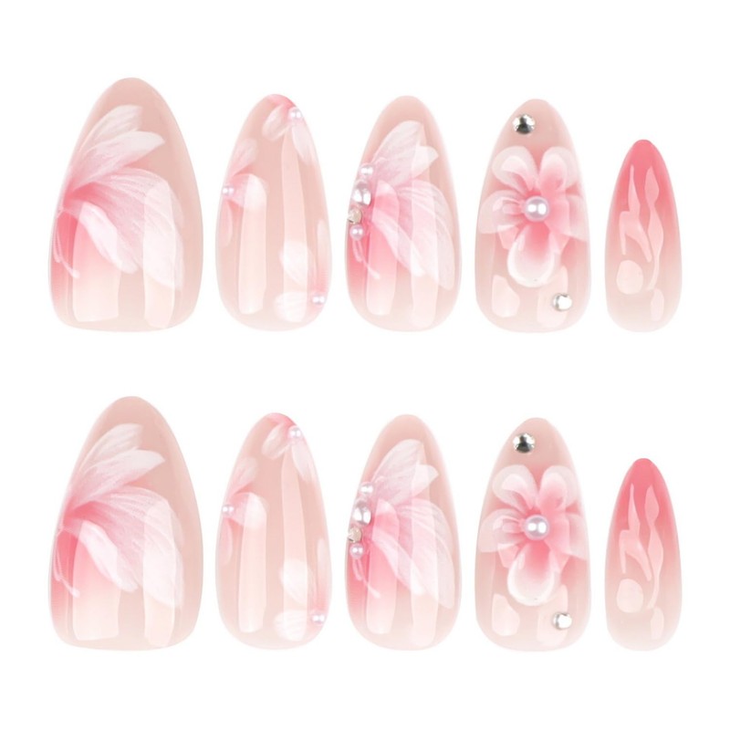 Pink Gradient Press on Nails Fake Nails with Flower Pearl