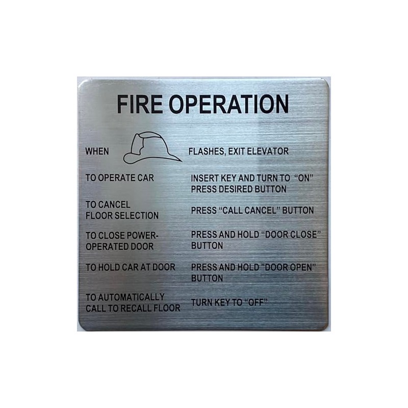 FIRE OPERATION SIGN FOR ELEVATOR (Brush Silver Aluminum, SIZE6X6INCH, DOUBLE