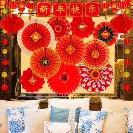 Winlyn 20 Pcs Bulk Chinese Lunar New Year Party Decorations Red Lanterns Oriental Hanging Lucky Paper Fans New Year Banner for Asian Vietnamese TET The Year of Horse Festival Wedding 2026 Decor