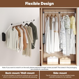 bimiti Pull Down Closet Rod Adjustable Width 26-35 Inches Floating Shelves Liftable Clothes 60lbs Hanger Heavy Duty Wardrobe Organizer Adjustable Home Clothes Storage Side & Back Mounted Closet Pole