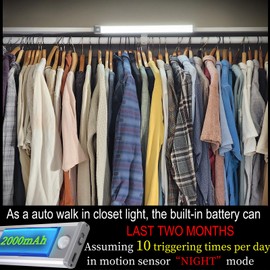 2 Pack Bright 70LED Closet Lights Motion Sensor Night Light for Kitchen Counter, Under Cabinet, Wardrobe. 6000k Cool White Lighting.Built-in USB Rechargeable 2000mAh Battery Powered. Cordless