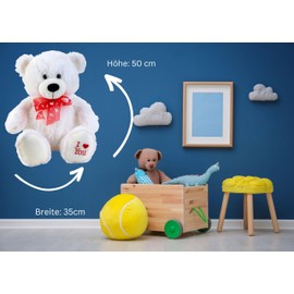 Lifestyle & More Teddy Bear Cuddly Bear White with Bow and I Love You Inscription 50 cm Large Plush Bear Cuddly Toy Velvety Soft