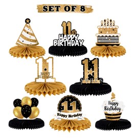 LINGTEER Happy 11th Birthday Table Honeycomb Centerpieces Cheers to 11th Birthday Eleven Years Old Party Table Decorations Gift Sign.