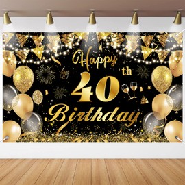 40th Birthday Decorations, Waylipun Happy 40th Birthday Backdrop Banner Photo Booth Sign Decoration, Large Black Gold Birthday Banner Background for Men Women 40th Birthday Party, 180×110cm