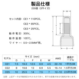 LIANHATA 220 Piece CE Type Closed Connector with Insulated Sheath Wire Cap Nozzle Type AWG 22-16/16-14/12-10 Replacement, Crimp Terminal, Rapid Wiring, Insulation, Flame Retardant, Closed-End Wire
