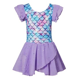 uideazone Toddler Dance Dresses Girls Mermaid Tutu Ballet Leotards Kids Purple Ruffle Sleeve Sequin Gym Outfit Size 3-4