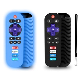 2 Pack Silicone Case for TCL Roku TV RC280 Remote, Protective Universal Replacement Lightweight Shockproof TCL Roku TV Remote Cover with Lanyard (Black + Glowing Blue)