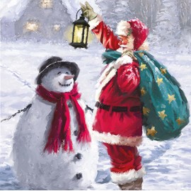 Snowy Village Scenes Contemporary Art Charity Christmas And New Year Cards - Pack of 6 Xmas Cards (Santa And Snowman)