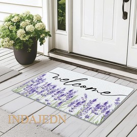 INDAJEDN Welcome Lavender Floral Mats for Front Door Porch Entryway, Summer Purple Lavender Flower Door Mat Doormat Outside Inside Outdoor Indoor Entrance, 17x29 Inch