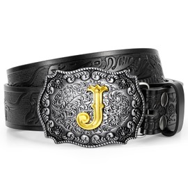 UpFind Western Cowboy Leather Belt Men Women, Gold Initial Letter J Buckle Embossed Belt for Jeans, Black