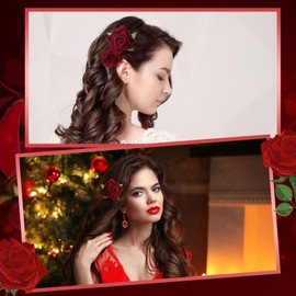 BBTO 21 Pcs Flower Hair Pins Rose Barrettes Clips for Women Flower Accessories Bride Claw Clip Hairpin Brooch Headpiece for Wedding(Wine Red,Large, Small)