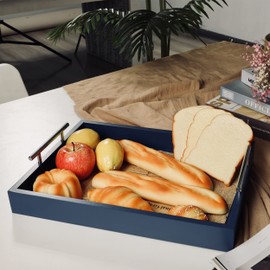 JJSQYLAN Wooden Serving Tray with Handles Rectangle Breakfast Tray for Coffee Table Decorative Ottoman Tray 16”x 12” for All Occasion's (Blue)