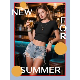 4 Pack Women's Basic Tight Short Sleeve Women Cute Trendy Crop Tops Scoop Neck Crop for Women or Teen Girls (Black,White,Dark Gray,Army Green,Small)