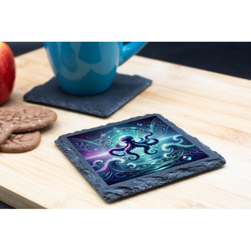 Octopus Wave Design Slate Coaster with Vibrant Cosmic Artwork (slco-kf25-6272)