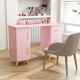LOKO Manicure Table Nail Desk, Nail Tech Table Station with 8 Metal Legs, Wrist Rest, 3 Drawers & 2 Cabinets, Wooden Acetone Resistant Nail Art Workstation for Beauty Salon Spa Makeup (Pink)