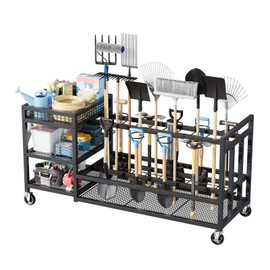 HavenlyYouth Garden Tool Organizer with Wheels-Movable Garden Tool Rack with Storage Hooks for Long-Handled Tools/Rakes/Brooms/Shovels,Heavy Duty Metal Garden Tool Storage for Garage,Shed,Garden,Black