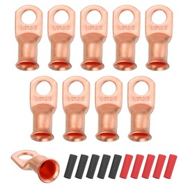MECCANIXITY 10pcs 1/0 AWG M10 Battery Lugs Ring Terminals, 3/8" 10mm Stud Crimp Wire Terminal Connector End Copper, 3:1 Heat Shrink Tubing, Gold