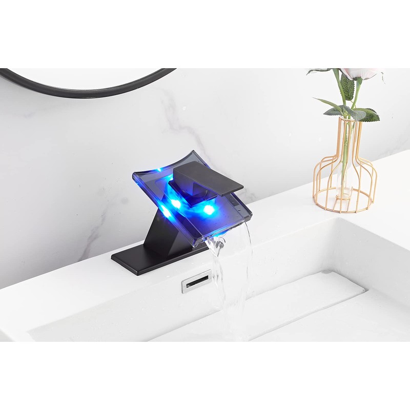 Black Bathroom Sink Faucet LED Light 3 Colors Changing Waterfall