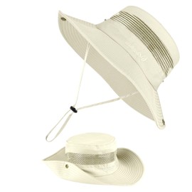 BSBUY Sun Protection Hat UPF 50+ UV Protection Men's Sun Hat Waterproof Fishing Hat Bucket Hat Women's Wide Brim Bush Hat with Chin Strap Mesh Breathable Fishing Hat for Outdoor Fishing Hunting Camping (Beige)