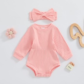 Karwuiio Newborn Baby Girl Fall Outfits Long Sleeve Ribbed Knit Jumpsuit Romper with Headband Infant Clothes Sets (Pink, 0-3 Months)