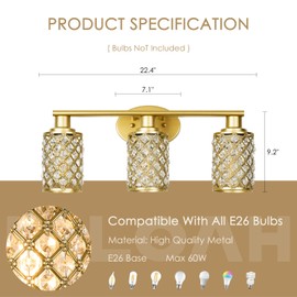 Niloah 3 Light Gold Vanity Light Fixtures, Modern Farmhouse Vanity Light, Bathroom Lights Over Mirror,Crystal Vanity Lighting Fixtures for Bathroom,Powder Room