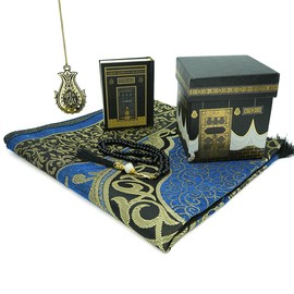 Modefa Turkish Prayer Mat - Thin Woven Chenille Praying Rug for Men and Women - Ramadan or Eid Gift Set for Muslim with Quran, Tesbih Prayer Beads - Ottoman Gift Box Set (Blue)