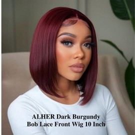 ALHER Short Bob Wig 99J Dark Burgundy, 12A Straight Small Cap 13x4 Lace Frontal Wigs Human Hair Pre Plucked With Baby Hair, Small Cap Wig Size 21-21.5 180% Density for Black Women 10 Inch