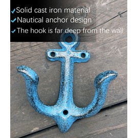 KiaoTime (Blue) Vintage Rustic Cast Iron Nautical Anchor Design Wall Hooks Coat Hooks Rack, Decorative Wall Mounted Antique Shabby Chic Metal Home Bathroom Towel Coat Hooks Hanger