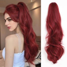XIXISNOW 24'' Claw Clip Ponytail Extension for Women Fluffy Layered Clips On Synthetic Hair Heat Resistant & Natural Look Curly Hair Extensions Clip-ins Wedding Party Daily Use(Burgundy, 7.5OZ)