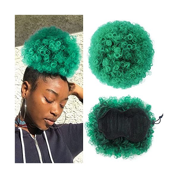 Yinmei Baibian Ombre Green Afro Puff Drawstring Ponytail Extension Kinky Curly High Puffs Bun Hairpiece Synthetic Short Updo Clip in Hairpieces for Black Women