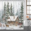 Christmas Winter Shower Curtain, Forest Snowy Deer Pine Tree Red