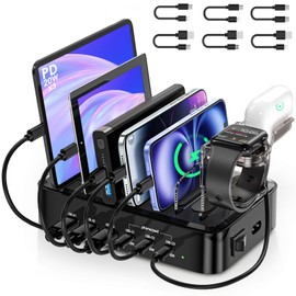Phone Charging Station for Multiple Devices - 90W 6 Port Charging Station Organizer, 3PD 20W USB-C Fast Charging Dock for iPhones/iPads/Tablet/Kindles with 6 Mixed Cables, Air pod& Watch Holder