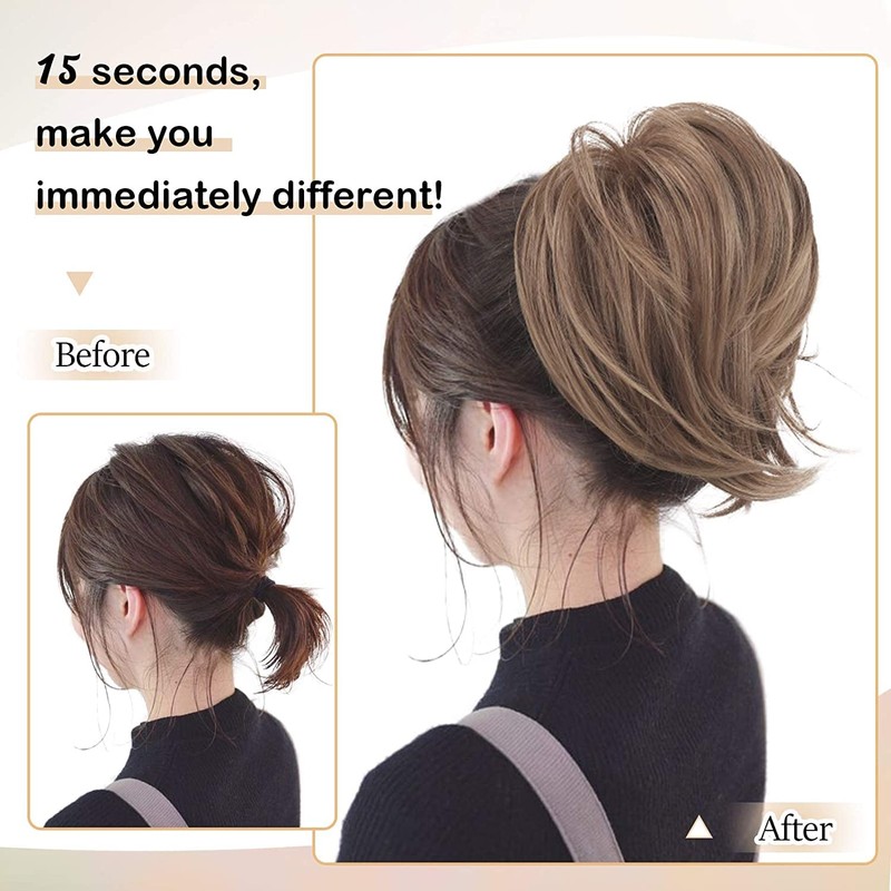 BARSDAR Hair Bun Ponytail Extension, Straight Synthetic Hairpiece Fully Short