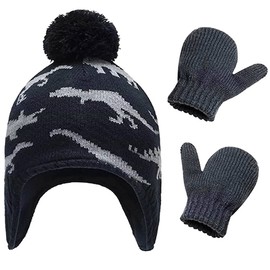 Unisex Newborn Winter Beanie Hat Gloves Set for Baby Girls Boys 1-5 Years Toddler Fleece Lining Warm Knitted Ear Flaps Cap Glove Kid Hats and Mittens Set, grey / blue, l