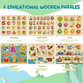 edutree Wooden Peg Puzzles for Toddlers 2-4, 6 Pack Educational Peg Puzzles Montessori Toys, Learning Puzzles for Kids Girs Boys 1-3 3-5 with Alphabet Number Animal Vehicle Shape