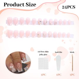 LunarCharm 24 Stück Eckig Nägel Zum Aufkleben, Glänzend Rosa French Künstliche Nägel mit Strasssteinen und Blumen, Kunstnägel Press on Nails, Square Fingernägel Fake Nails