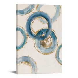 iKNOW FOTO Modern Minimalist Abstract Canvas Wall Art Vertical Watercolor Painting Blue Teal and Gold Framed Artwork for Living Room, Bedroom, Office 24x36 Inches