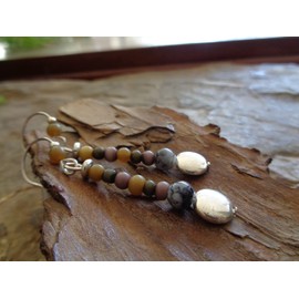 Round small silver disc and small beads in purple, olive and black. Earrings with specially made ear hooks