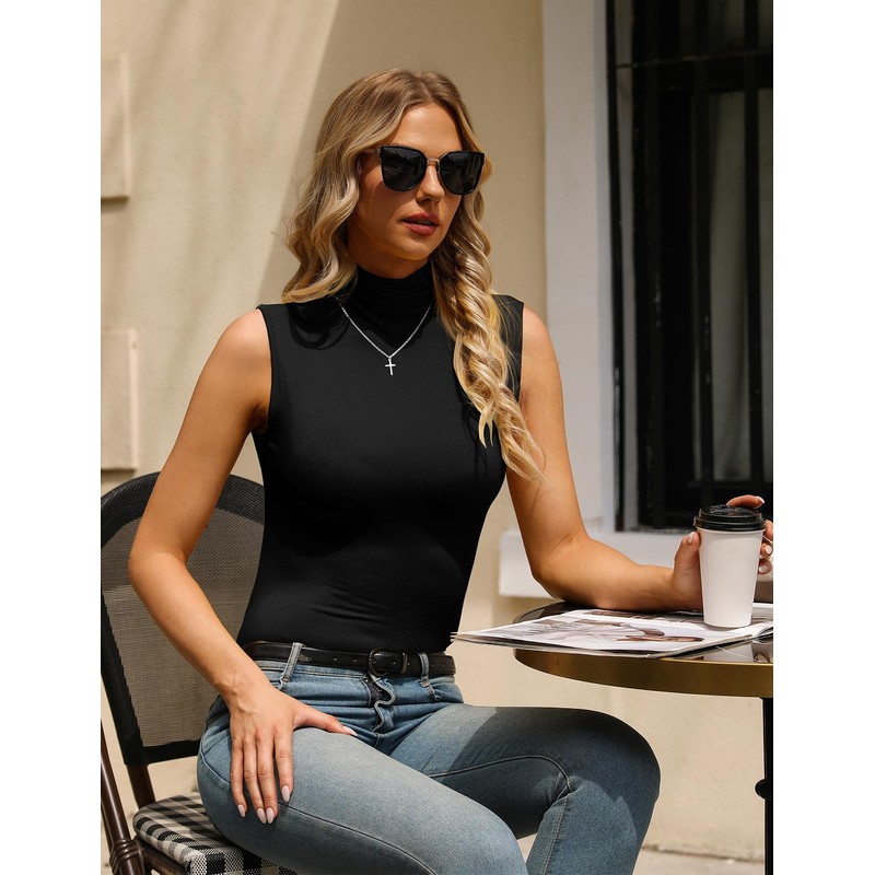 URRU playera sin mangas para mujer, con cuello alto falso,