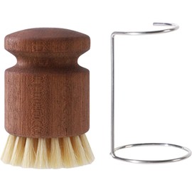 Dish Scrub Brush with Holder - Ergonomic Wooden Kitchen Cleaning Brushes Pot, Pan, Stove, Sink & Bathroom Scrubber Durable Boar Bristle Brush For Countertops, Dorm, Or Household Use