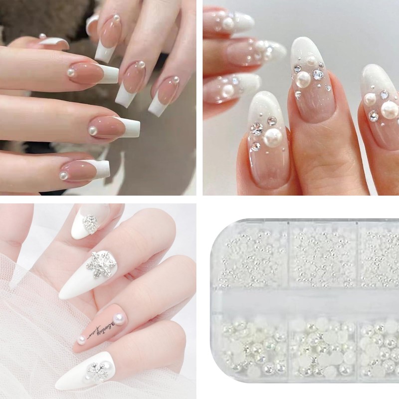 Azushwer 4 Boxes Nail Art Rhinestones, Nail Charms, Pearl Crystals