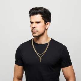 RWQIAN Cross Chain Men's Cross Chain Stainless Steel Silver/Gold/Black Layered Cross Chain Cuban Necklace with Cross Pendant Christian Cross Jewellery Gifts for Men, Stainless Steel