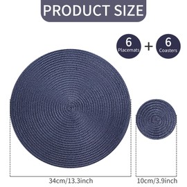 HPMAISON Blue Round Placemats and Coasters Set of 6, Polypropylene Braided Woven Table Mats Heat-Resistant Washable Kitchen Dining Place Mats Set of 6 for Home, Restaurant Hotel, Outdoor, Party