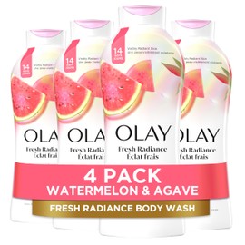Olay Body Wash for Women, Fresh Radiance, Refreshing & Renewing, Made with Plant Based Cleansers, B3 Botanical Complex, For All Skin Types, Watermelon & Agave Scent, 22 fl oz (Pack of 4)