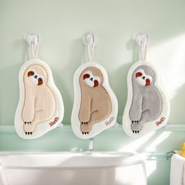 LKOOYFHE Cute Sloth Hand Towels for Kids, Microfiber Coral Fleece, Absorbent, Quick-Drying, Set of 3, for Kitchen, Bathroom, Bedroom