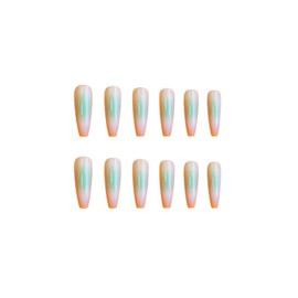 SINHOT Coffin Press on Nails Long - Orange Green Ombre Fake Nails Glossy Glue on Nails Acrylic Nail Supplies Ballerina Artificial Nail Art Summer Gradient Stick on False Nails with Design DIY 24 pcs