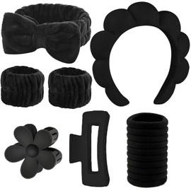 Set 16 piezas DORGKIRA en negro: diadema, cintas, pinzas, elásticos y muñequeras para skincare