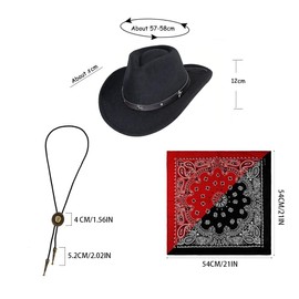 Pack of 4 Western Cowboy Hat with Bandana and Western Cowboy Pendant, Headpiece for Fancy Dress, Western Cowgirl Hats for Fancy Dress, Costume, Carnival, Theme Party, Cosplay Party Dress Up (Black)