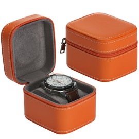 BAOPEND Single Watch Box, Small Watch Travel Cases for Men Women, Portable Zipper Wristwatches Storage Holder Boxes with Removable Pillow (Orange)